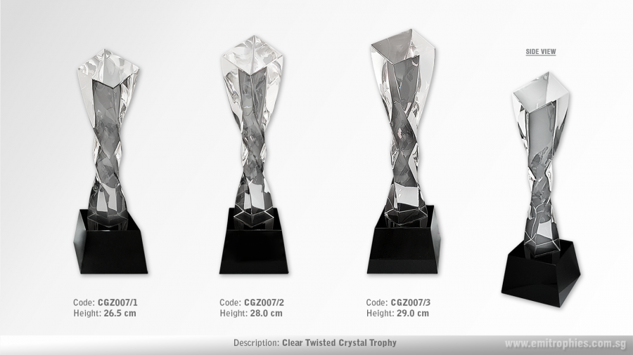 CGZ007 Clear Twisted Crystal Trophy available in three sizes with black crystal base