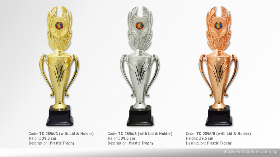 TC-2856 Plastic Cup Trophy with Lid & Logo Holder - Gold, Silver & Bronze